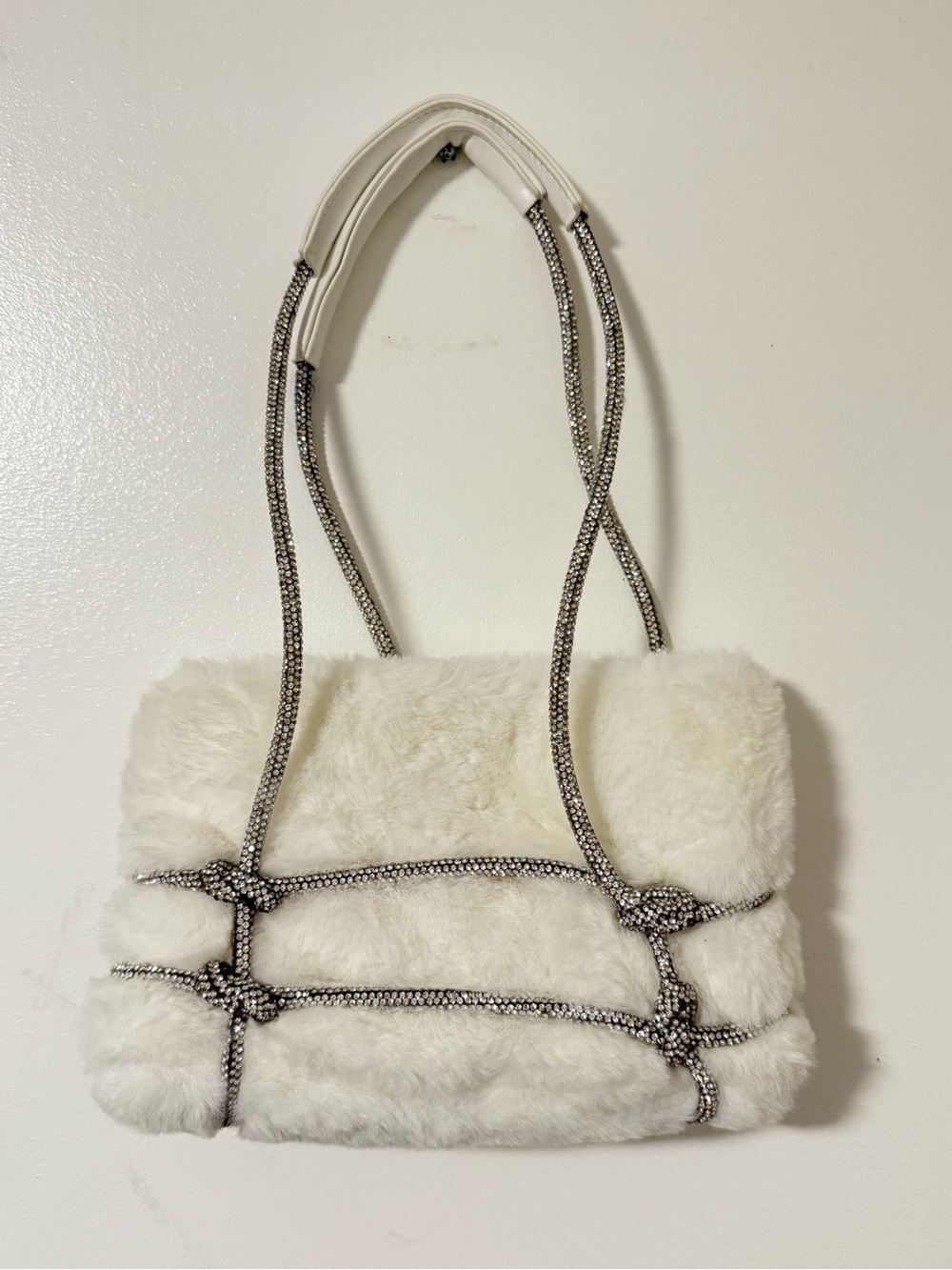 Plush Cream Faux Fur Mini Shoulder Bag with Knotted Rope Detail